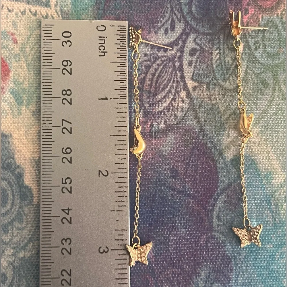 Gold 3 Inch Long Dangle Boho Butterfly Earrings With Crystal Gemstones~ New - Picture 7 of 8